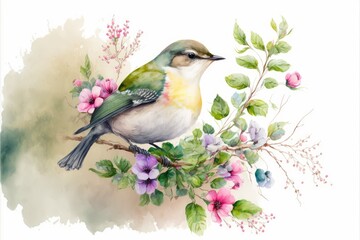 bird on a branch , watercolor illustration, ai generated