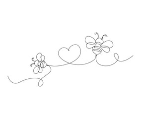 Continuous one line drawing of fliying bee shapped love. Simple illustration of honey bee line art vector illustration.