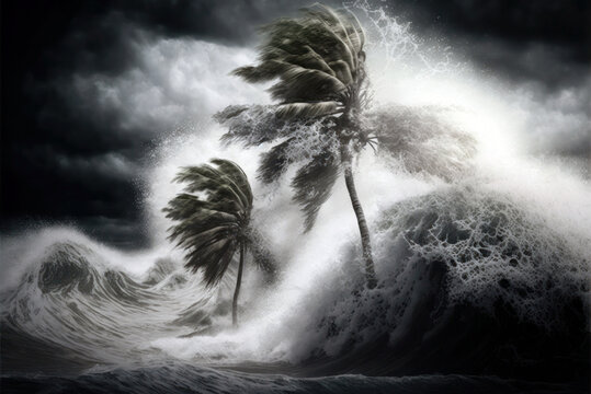 Tropical storm in the coast, palm trees blowing in the wind, big ocean waves, Generative AI