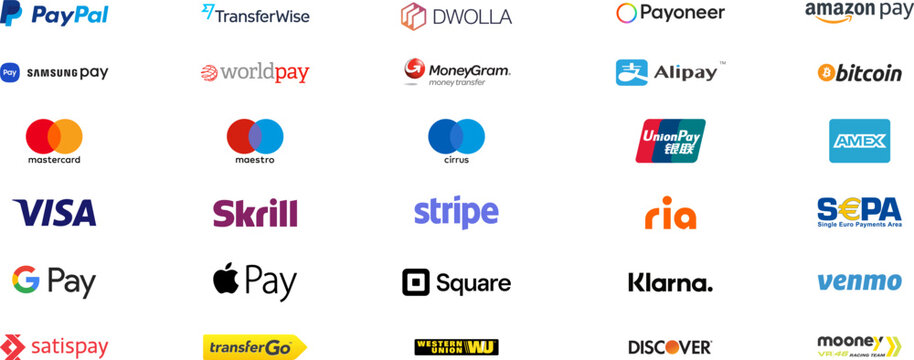Popular online payment methods logo with white background. Transparent with vector logotype gateway icon set for website.