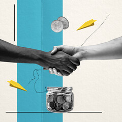 Contemporary art collage. Conceptual design. International partnership. Human shaking hands over coin jar. Profitable cooperation. Concept of financial market, money, business, trade market, strategy