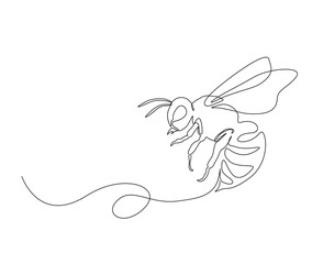 Continuous one line drawing of fliying bee. Simple illustration of honey bee line art vector illustration.