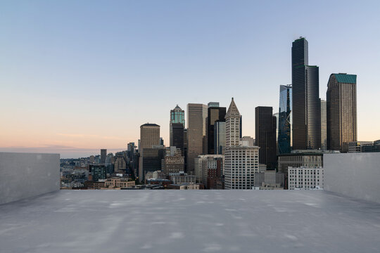 Skyscrapers Cityscape Downtown, Seattle Skyline Buildings. Beautiful Real Estate. Sunset. Empty rooftop View. Success concept.