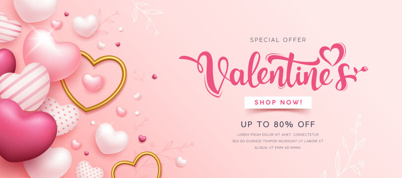 Happy Valentine's day sale, pink and gold heart design, banner pink background, EPS10 Vector illustration.
