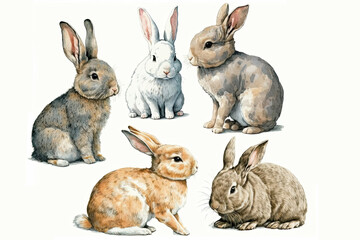 watercolor rabbits on white background, ai generated