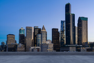 Fototapeta premium Skyscrapers Cityscape Downtown, Seattle Skyline Buildings. Beautiful Real Estate. Sunset. Empty rooftop View. Success concept.