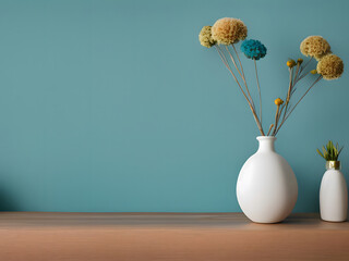 Minimal interior design with ceramic vase and dry flowers on the turquoise wall created with Generative AI technology