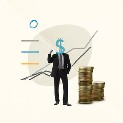 Contemporary art collage. Conceptual design. Businessman with money sign head making new profitable strategy to grow company finances. Concept of financial market, money, business, trade market - obrazy, fototapety, plakaty