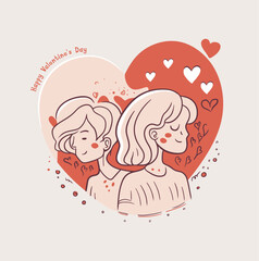 Happy Valentine's Day! Vector minimalist illustrations of boy and girl in love