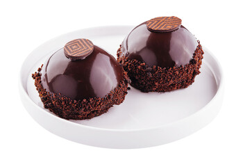 slices of cake in chocolate icing isolated on white