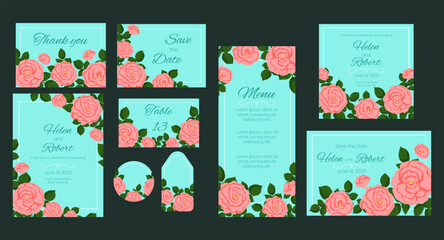 Vector wedding invitation cards template set with pink roses decoration. Background save the date , greeting card, flyer, brochure collection