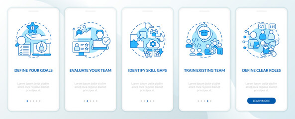 IT staffing tips blue onboarding mobile app screen. Hiring process walkthrough 5 steps editable graphic instructions with linear concepts. UI, UX, GUI template. Myriad Pro-Bold, Regular fonts used