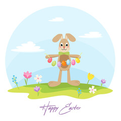 Easter Bunny cute cartoon character with color eggs garland on the green grass with the spring flowers. Vector illustration in flat style