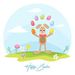 Easter Bunny cute cartoon character to juggle of color eggs on the green grass with a flowers. Greeting card template. Vector illustration in flat style