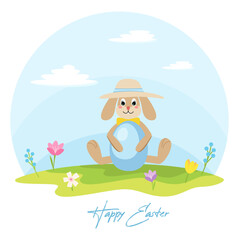 Easter Bunny cute cartoon character sitting with a blue egg on the green grass with a spring flowers. Vector illustration in flat style