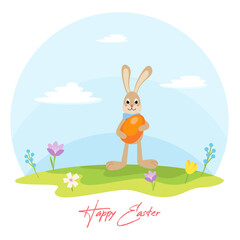 Easter Bunny cute cartoon character hold orange egg on the green grass with a flowers. Greeteng card template. Vector illustration in flat style