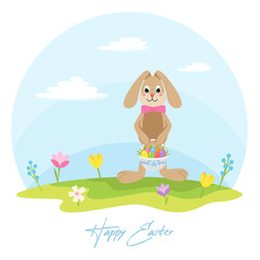 Obraz na płótnie Canvas Easter Bunny cute cartoon character with a basket of color eggs on the green grass with spring flowers. Greeting card template. Vector illustration in flat style