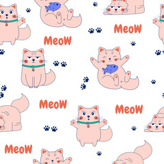 Seamless pattern with cute doodle cats characters. meow