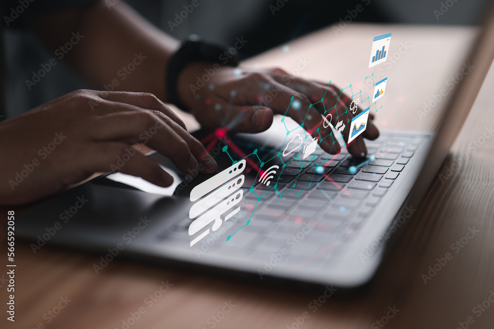 Aufkleber an analyst working with business analytics and a data management system on a laptop makes a report w