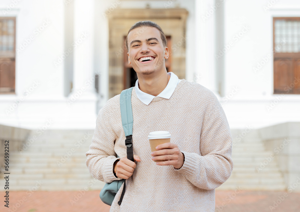 Poster Happy, college student man at university with coffee for learning, future and academic, success and higher education. Face, learner and scholarship, happy and guy smile, study and knowledge motivated