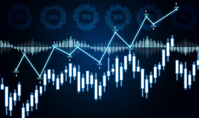 Glowing virtual screen with stock data and percentage charts.