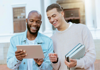 University, tablet and students with online education, e learning and teamwork, planning or course schedule check. Happy black man, people or friends on college campus, studying on digital technology
