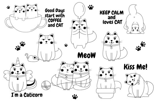 Funny black and white outline  cartoon cats doodle. Character cat. Lettering cat. Unicorn cat