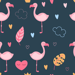 Seamless pattern with pink flamingos, leaves color hearts and clouds