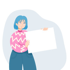 Young woman with blue hair holding a blank sheet of paper. Illustration with copy space