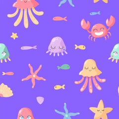 Hand drawn Seamless pattern with crab, starfishes, jellyfishes and fishes. Vector image for kids digital textile fabric paper