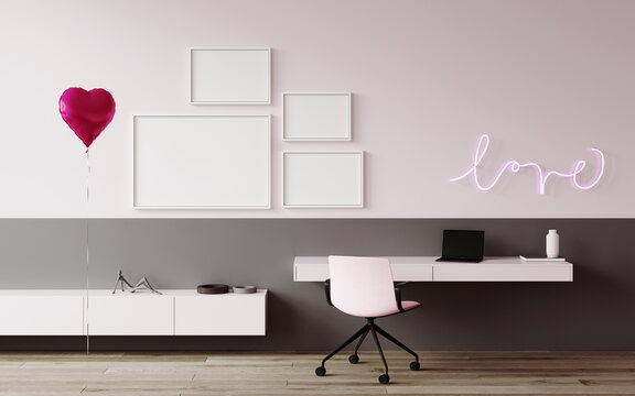 Modern home office or workplace with hanging pink table, office chair, laptop. Neon light sign "Love" on wall. Pink heart balloon. Composition of empty frames. Coworking women's office. 3d rendering. 
