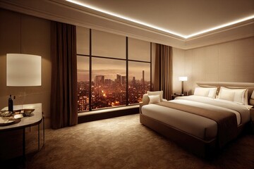 Luxury modern style bedroom, Interior of a hotel bedroom. Generative AI illustration