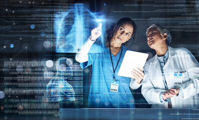 Doctors, xray or technology of 3d lungs hologram in tuberculosis, cancer or heart research in night hospital collaboration. Futuristic, abstract or breathing organ tablet or thinking healthcare women
