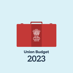 Union Budget 2023 India. Red suitcase and national emblem of India. Vector, Illustration.