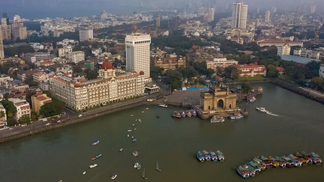 Mumbai Gateway of India aerial drone hyper lapse timelapse view 4k