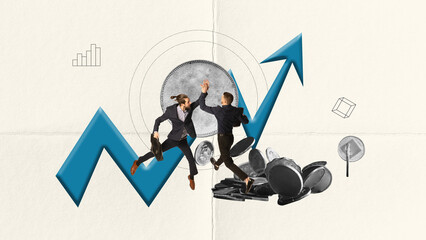 Contemporary art collage. Conceptual design. High five. Businessmen celebrating financial growth....