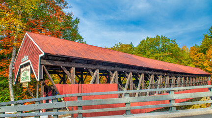 Bartlett, NH - October 13, 2015: Wooden Bridge on a sunny autumn day