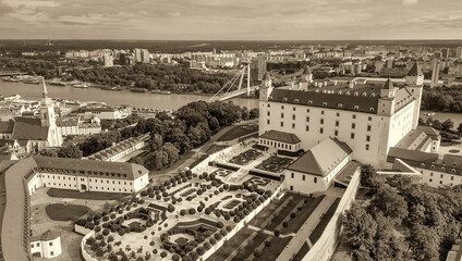 Aerial view of Bratislava Castle and city skyline on a summer afternoon