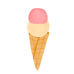 Watercolor ice cream in waffle cone. Summer cold sweet tasty food. Hand painted ice cream illustration isolated.