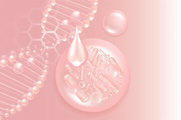 Probiotic and Hyaluronic acid skin solutions ad, pink collagen, and vitamin serum drops with cosmetic advertising background ready to use illustration vector.