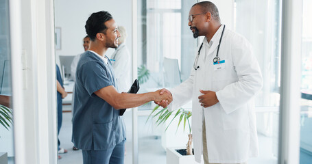 Doctor, handshake or nurse on tablet in hospital teamwork collaboration, medical research planning...
