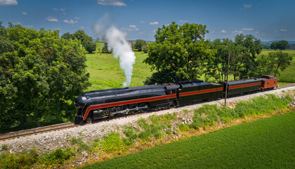 Fototapeta na wymiar Drone View of an Antique Steam Engine, Blowing Steam and Traveling Along the Countryside Pulling a Caboose on a Sunny Day