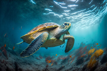 Fototapeta premium The depths of the ocean: underwater diving turtle, Generative AI