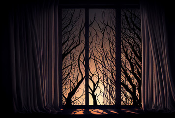 silhouette of tree branches behind a window and curtains, generative ai