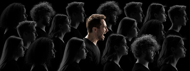 Man standing in crowd and shouting, creating. Social changes, censorship, freedom of speech. Black and white crowd. Side view. Concept of human rights, freedom, diversity, inluence, equality. © master1305