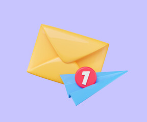 3D envelope letter and paper airplane. Sent letter by email. New message concept. Realistic elements for online social media marketing. Subscribe to newsletter. Purple background isolated 3D Rendering