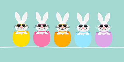 5 Weiße Osterhasen Sonnenbrille Eierschale Banner Türkis
