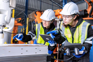 Women engineer team together at work in modern advanced robot welding machine sell service factory