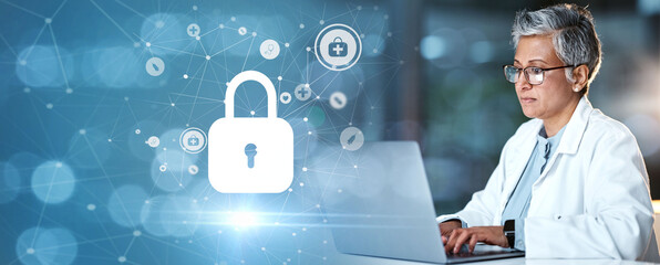 Doctor, laptop or future healthcare on cybersecurity, life insurance or data safety app on night...