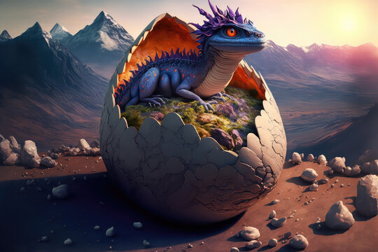 Baby dragon in the egg in a morning, the epic battle evil concept art (ai generated)